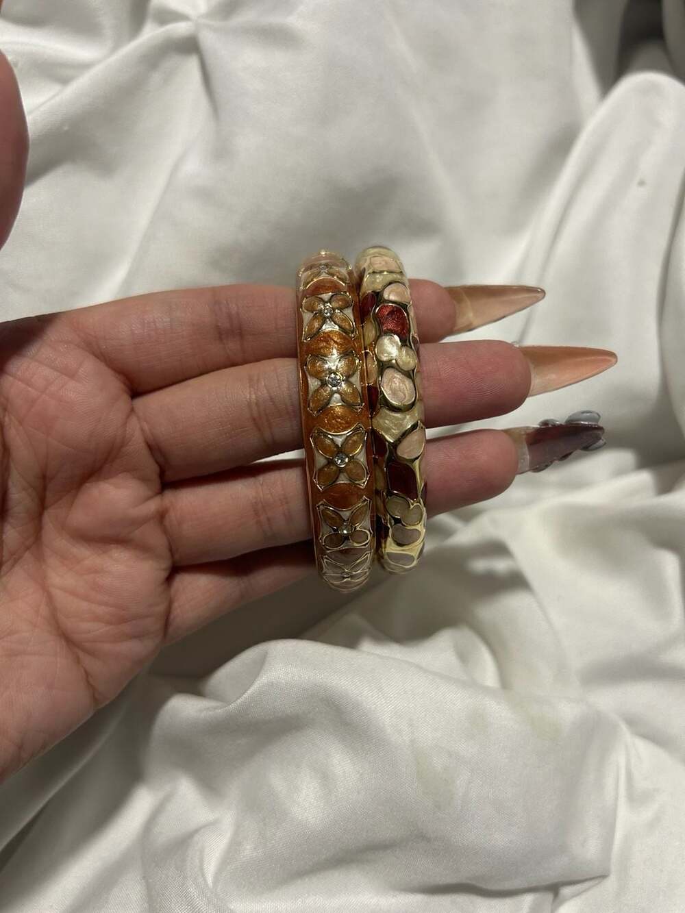 Vintage Joan Rivers Gold Plated Enamel Flower Bangle Bracelets/ Bundle of 2